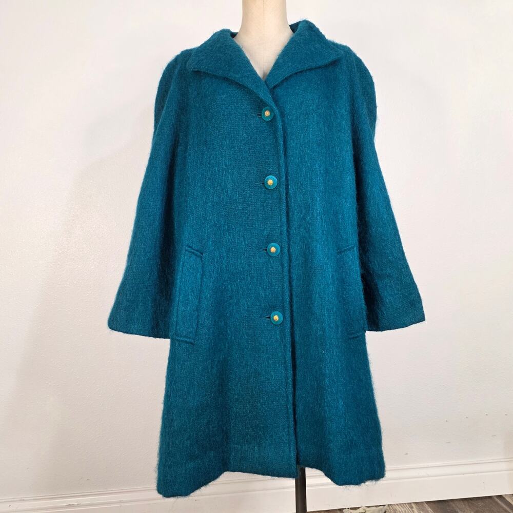 Vintage Teal Fuzzy Swing Coat Made in USA Mod Statement Jacket Mohair Colorful
